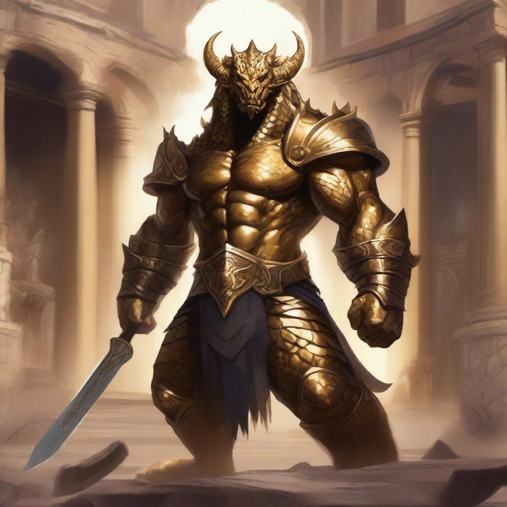 A massive, muscular gold dragonborn with shimmering scales stands in a grand colosseum, inspired by Greek mythology, Dungeons and Dragons 5e, and Pathfinder high fantasy elements