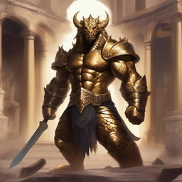 A massive, muscular gold dragonborn with shimmering scales stands in a grand colosseum, inspired by Greek mythology, Dungeons and Dragons 5e, and Pathfinder high fantasy elements