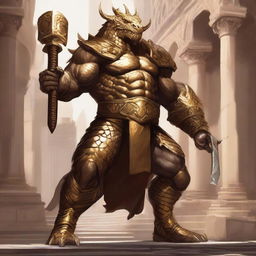 A massive, muscular gold dragonborn with shimmering scales stands in a grand colosseum, inspired by Greek mythology, Dungeons and Dragons 5e, and Pathfinder high fantasy elements