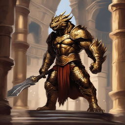 A massive, muscular gold dragonborn with shimmering scales stands in a grand colosseum, inspired by Greek mythology, Dungeons and Dragons 5e, and Pathfinder high fantasy elements