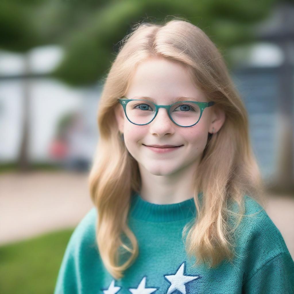 A girl around 11 years old with medium-length, thick, slightly wavy light-colored hair and blue eyes