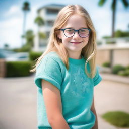 A girl around 11 years old with medium-length, thick, slightly wavy light-colored hair and blue eyes