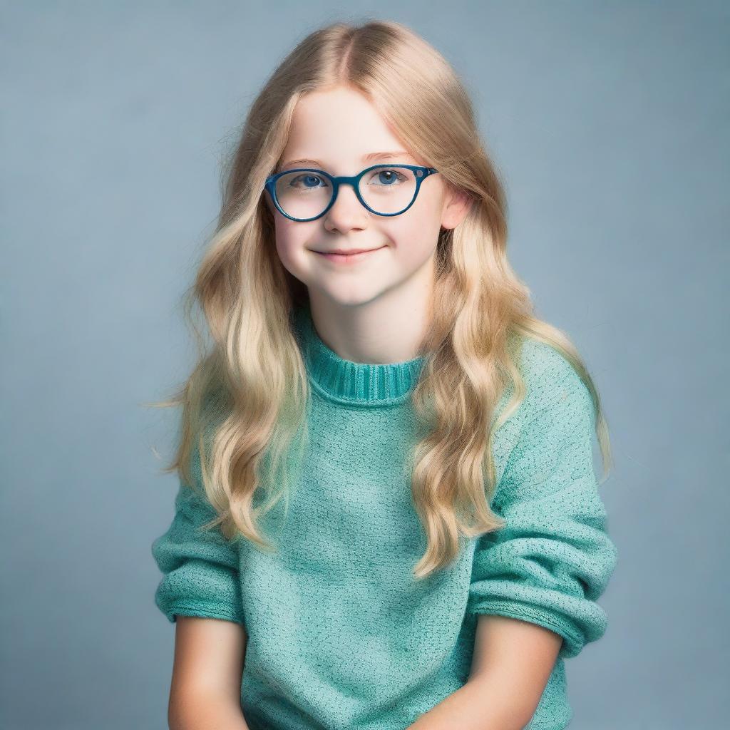 A girl around 11 years old with medium-length, thick, slightly wavy light-colored hair and blue eyes