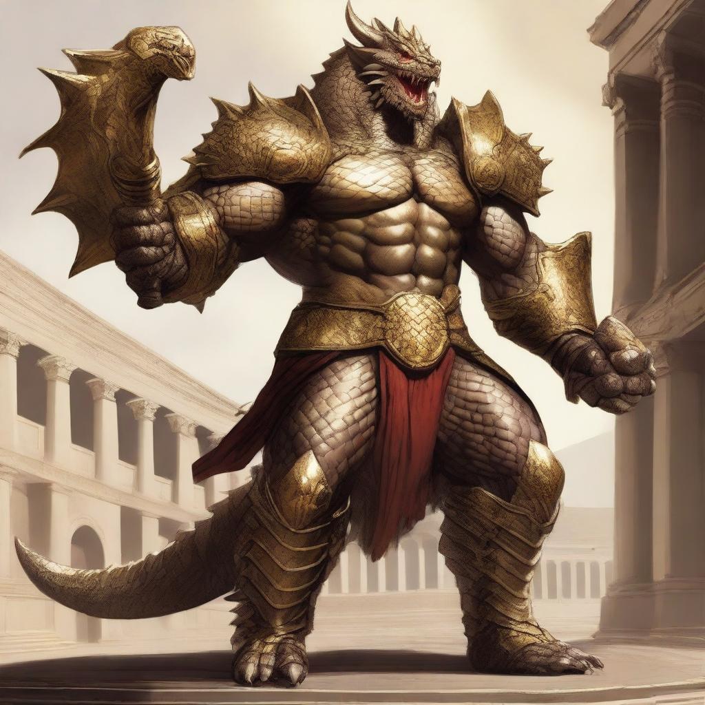 A massive, muscular dragonborn with gold scales stands in a grand colosseum, inspired by Greek mythology and high fantasy elements from Dungeons and Dragons 5e, Pathfinder, and Baldur's Gate 3