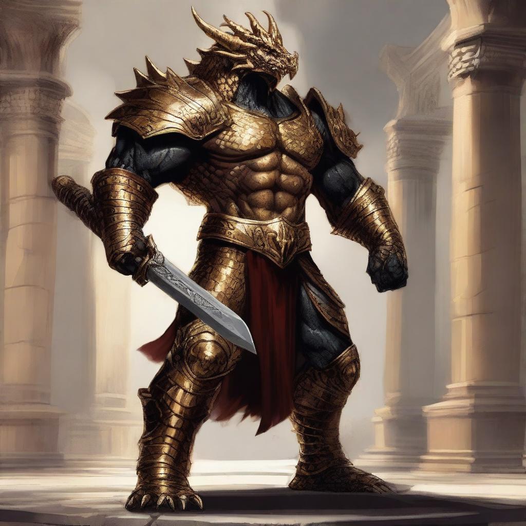 A massive, muscular dragonborn with gold scales stands in a grand colosseum, inspired by Greek mythology and high fantasy elements from Dungeons and Dragons 5e, Pathfinder, and Baldur's Gate 3