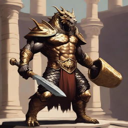 A massive, muscular dragonborn with gold scales stands in a grand colosseum, inspired by Greek mythology and high fantasy elements from Dungeons and Dragons 5e, Pathfinder, and Baldur's Gate 3