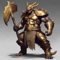 A massive, muscular dragonborn with gold scales stands in a grand colosseum, inspired by Greek mythology and high fantasy elements from Dungeons and Dragons 5e, Pathfinder, and Baldur's Gate 3