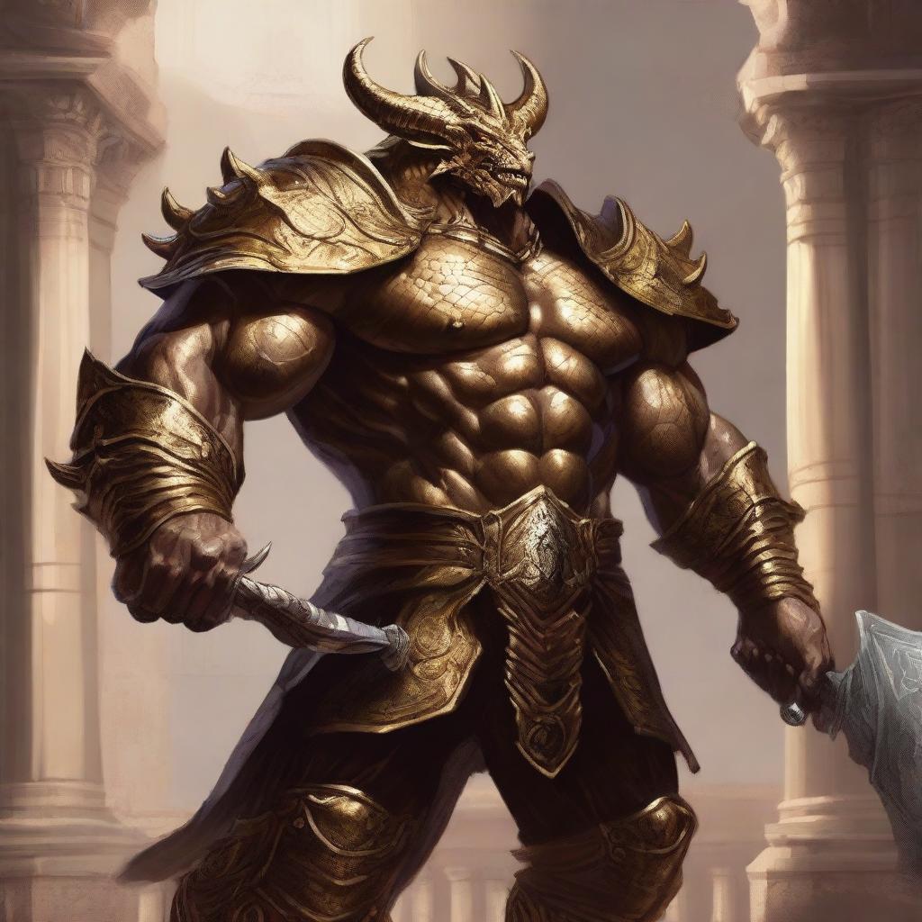 A massive, muscular gold dragonborn with shimmering scales stands in a grand colosseum, inspired by Dungeons & Dragons 5e and Baldur's Gate 3