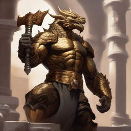 A massive, muscular gold dragonborn with shimmering scales stands in a grand colosseum, inspired by Dungeons & Dragons 5e and Baldur's Gate 3