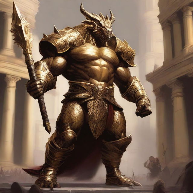 A massive, muscular gold dragonborn with shimmering scales stands in a grand colosseum, inspired by Dungeons & Dragons 5e and Baldur's Gate 3