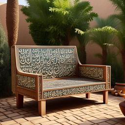 An outdoor seat with arabesque designs, inspired by distinctive Arabic script lines, crafted from weather-resistant materials and set in a soothing garden environment.