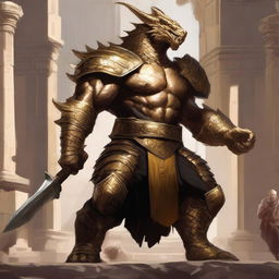 A massive, muscular gold dragonborn with shimmering scales stands in a grand colosseum, inspired by Dungeons & Dragons 5e and Baldur's Gate 3