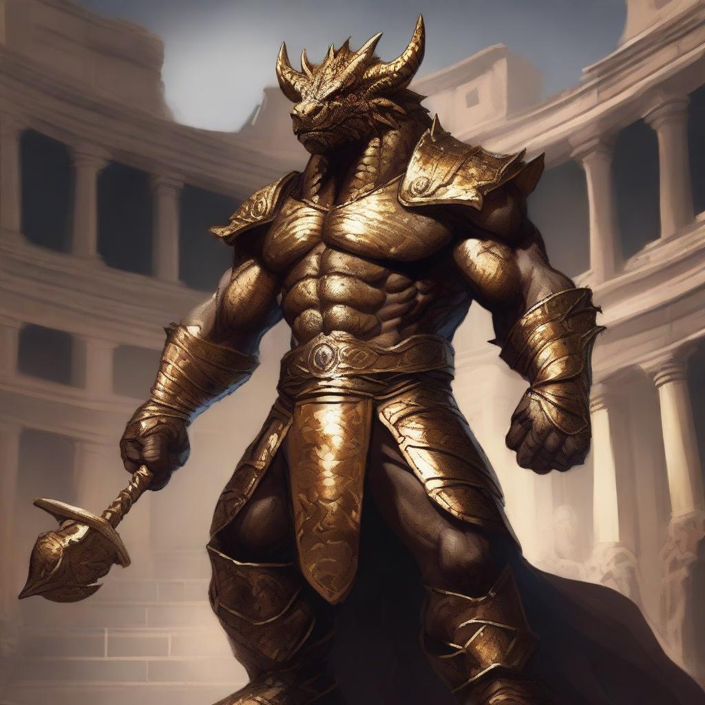 A massive, muscular dragonborn with gold scales stands in a grand colosseum, inspired by high fantasy elements from Dungeons and Dragons 5e and Baldur's Gate 3