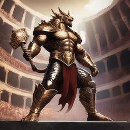 A massive, muscular dragonborn with gold scales stands in a grand colosseum, inspired by high fantasy elements from Dungeons and Dragons 5e and Baldur's Gate 3