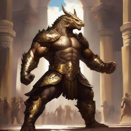 A massive, muscular dragonborn with gold scales stands in a grand colosseum, inspired by high fantasy elements from Dungeons and Dragons 5e and Baldur's Gate 3