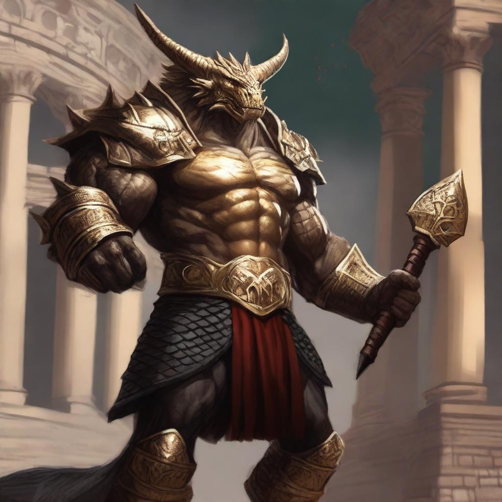 A massive, muscular dragonborn with gold scales stands in a grand colosseum, inspired by high fantasy elements from Dungeons and Dragons 5e and Baldur's Gate 3