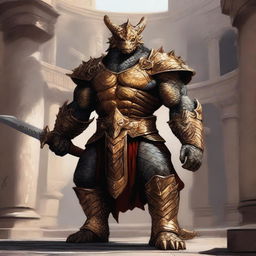 A massive, muscular dragonborn with gold scales stands in a grand colosseum, inspired by high fantasy elements from Dungeons and Dragons 5e and Baldur's Gate 3