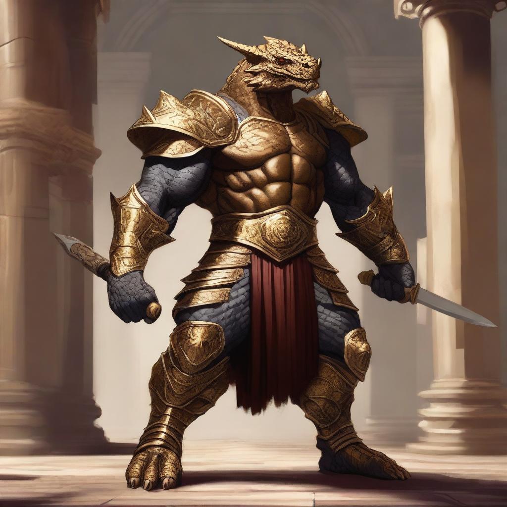 A massive, muscular dragonborn with gold scales stands in a grand colosseum, inspired by high fantasy elements from Dungeons and Dragons 5e and Baldur's Gate 3