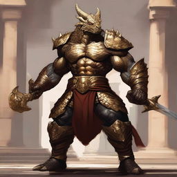 A massive, muscular dragonborn with gold scales stands in a grand colosseum, inspired by high fantasy elements from Dungeons and Dragons 5e and Baldur's Gate 3