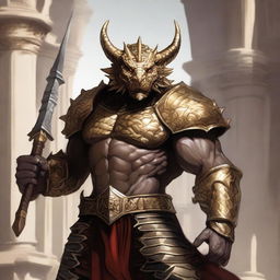 A massive, muscular dragonborn with gold scales stands in a grand colosseum, inspired by high fantasy elements from Dungeons and Dragons 5e and Baldur's Gate 3