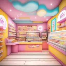 A colorful and cheerful ice cream shop with a variety of ice cream flavors on display