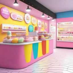 A colorful and cheerful ice cream shop with a variety of ice cream flavors on display