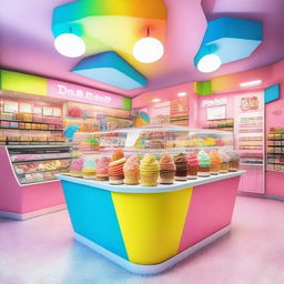 A colorful and cheerful ice cream shop with a variety of ice cream flavors on display