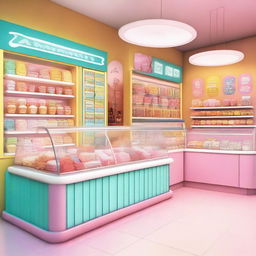 A colorful and cheerful ice cream shop with a variety of ice cream flavors on display