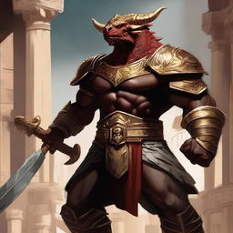 A massive, muscular dragonborn barbarian with gold and crimson scales stands in a grand colosseum, inspired by Greek mythology and high fantasy elements from Dungeons and Dragons 5e, Baldur's Gate 3, and Heracles