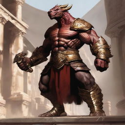 A massive, muscular dragonborn barbarian with gold and crimson scales stands in a grand colosseum, inspired by Greek mythology and high fantasy elements from Dungeons and Dragons 5e, Baldur's Gate 3, and Heracles