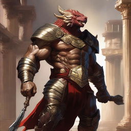 A massive, muscular dragonborn barbarian with gold and crimson scales stands in a grand colosseum, inspired by Greek mythology and high fantasy elements from Dungeons and Dragons 5e, Baldur's Gate 3, and Heracles