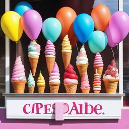 A vibrant ice cream shop window display featuring a variety of colorful ice cream cones, sundaes, and popsicles