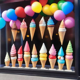 A vibrant ice cream shop window display featuring a variety of colorful ice cream cones, sundaes, and popsicles