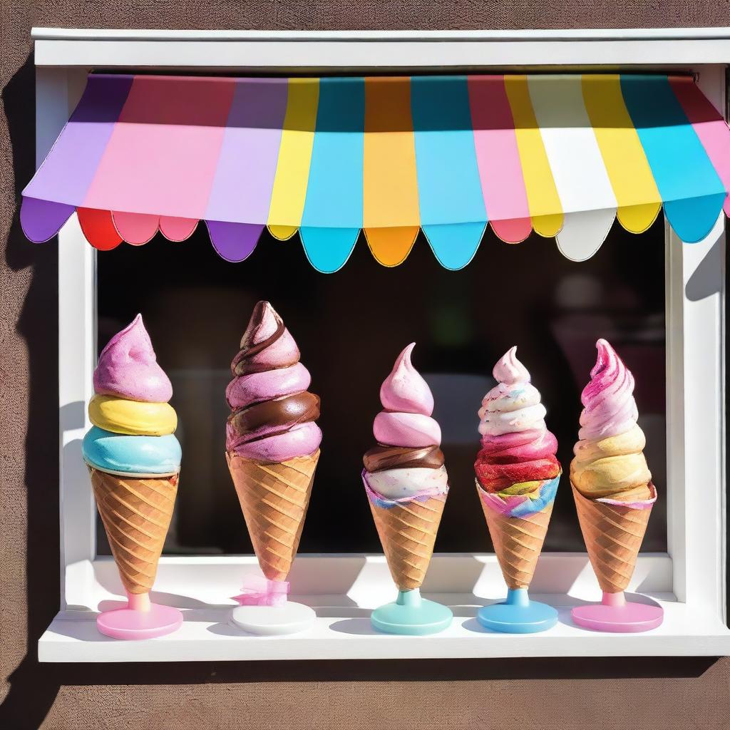 A vibrant ice cream shop window display featuring a variety of colorful ice cream cones, sundaes, and popsicles