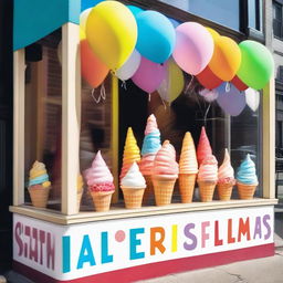 A vibrant ice cream shop window display featuring a variety of colorful ice cream cones, sundaes, and popsicles