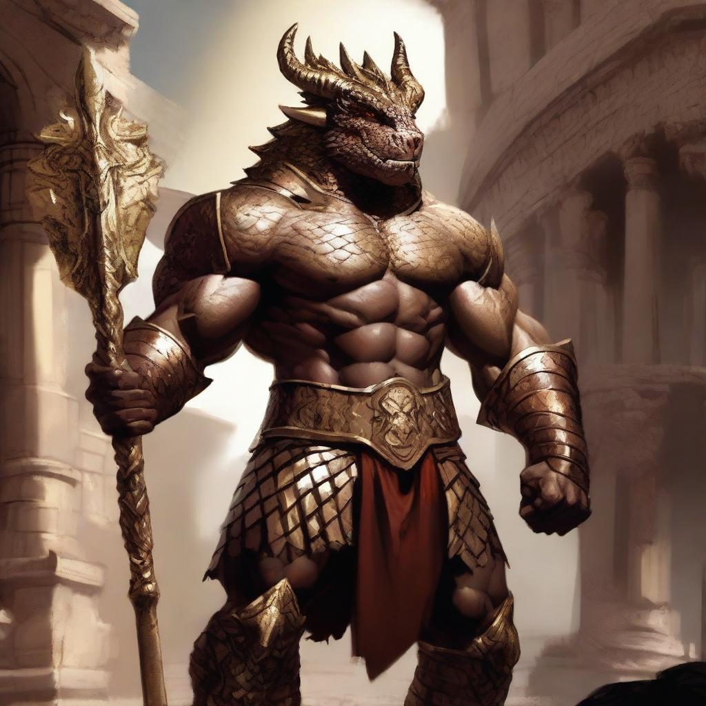 A massive, muscular dragonborn barbarian with gold and crimson scales stands unarmored in a grand colosseum, inspired by Greek mythology and high fantasy elements from Dungeons and Dragons 5e, Baldur's Gate 3, and Heracles