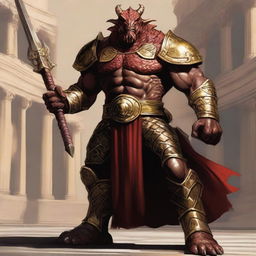 A massive, muscular dragonborn barbarian with gold and crimson scales stands unarmored in a grand colosseum, inspired by Greek mythology and high fantasy elements from Dungeons and Dragons 5e, Baldur's Gate 3, and Heracles