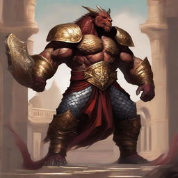 A massive, muscular dragonborn barbarian with gold and crimson scales stands unarmored in a grand colosseum, inspired by Greek mythology and high fantasy elements from Dungeons and Dragons 5e, Baldur's Gate 3, and Heracles