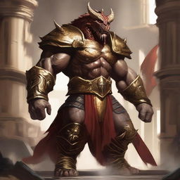 A massive, muscular dragonborn barbarian with gold and crimson scales stands unarmored in a grand colosseum, inspired by Greek mythology and high fantasy elements from Dungeons and Dragons 5e, Baldur's Gate 3, and Heracles