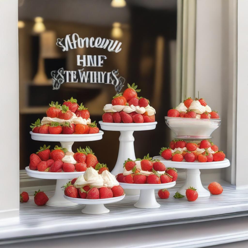 A beautiful shop window display featuring fresh strawberries and cream