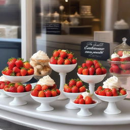 A beautiful shop window display featuring fresh strawberries and cream