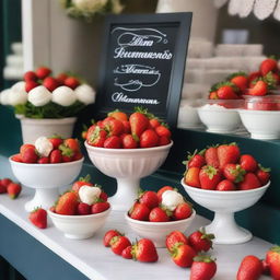 A beautiful shop window display featuring fresh strawberries and cream