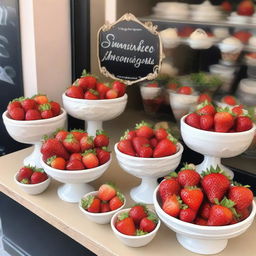 A beautiful shop window display featuring fresh strawberries and cream