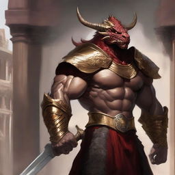 A massive, muscular dragonborn barbarian with gold and crimson scales stands unarmored in a grand colosseum