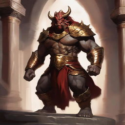 A massive, muscular dragonborn barbarian with gold and crimson scales stands unarmored in a grand colosseum