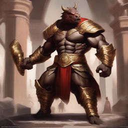 A massive, muscular dragonborn barbarian with gold and crimson scales stands unarmored in a grand colosseum