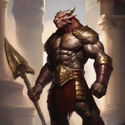 A massive, muscular dragonborn barbarian with gold and crimson scales stands unarmored in a grand colosseum