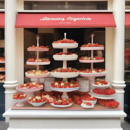 A complete shop window display dedicated to strawberries and cream