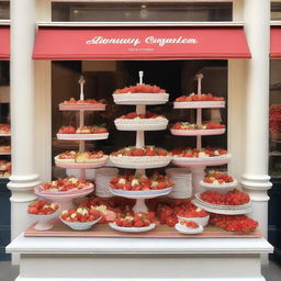 A complete shop window display dedicated to strawberries and cream