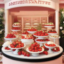 A complete shop window display dedicated to strawberries and cream